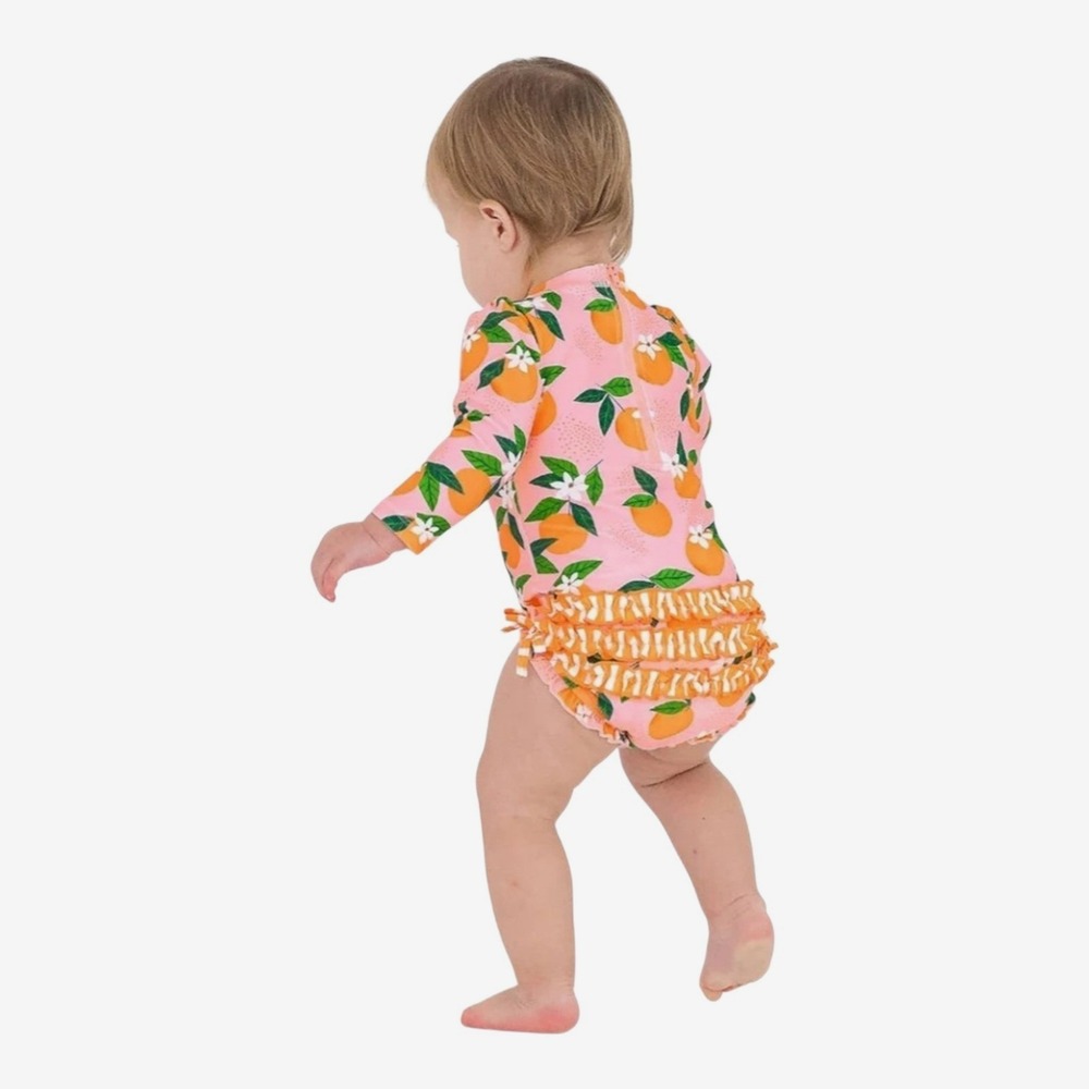 NEW RuffleButts Long Sleeve Rash Guard Swimsuit Orange You The Sweetest 3-6 Mo